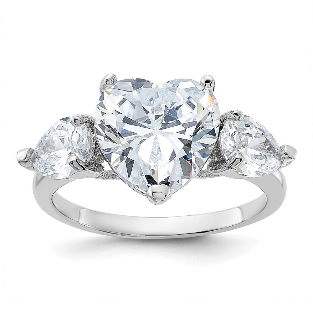 925 Sterling Silver Rhodium-plated Heart Shape Center CZ 3-Stone Ring